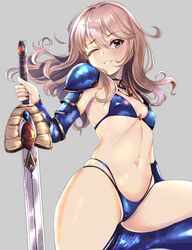  absurdres airport96 alice_gear_aegis armor bikini bikini_armor blue_bikini blue_footwear breasts brown_eyes commentary_request female gauntlets grey_background groin highres light_brown_hair long_hair looking_at_viewer multi-strapped_bikini navel parted_lips shoulder_armor simple_background small_breasts solo swimsuit sword weapon yotsuya_yumi 