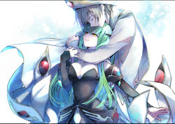  1boy absurdres arms_around_neck black_dress black_sleeves breasts c.c. cleavage closed_eyes closed_mouth code_geass couple detached_sleeves dress female green_hair hair_between_eyes head_on_head head_rest highres hug hug_from_behind lelouch_vi_britannia long_hair long_sleeves looking_up medium_breasts noppo sleeveless straight strapless strapless_dress very_long_hair yellow_eyes 