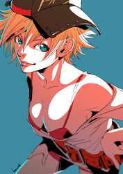  absurdres alice_garnet_nakata bare_shoulders baseball_cap blonde_hair blue_eyes bra bra_strap breasts cleavage collarbone fatal_fury_cap female hat highres large_belt looking_at_viewer off-shoulder_shirt off_shoulder shirt short_hair short_shorts shorts solo strikebeagle t-shirt the_king_of_fighters the_king_of_fighters_xiv underwear 