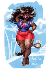  absurd_res anthro big_breasts big_hair bovid bovine bow_(feature) bow_in_front bow_shirt bow_topwear breasts clothed clothing clothing_bow eyewear eyewear_on_head female fully_clothed hair hi_res holivi hooves horn looking_at_viewer mammal smile solo sunglasses sunglasses_on_head tail tail_tuft thick_thighs tuft wide_hips zola_(holivi) 