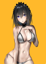  :o araido_kagiri bare_arms bare_shoulders bikini black_bow black_bowtie black_hair blue_eyes bow bowtie breasts cleavage collarbone commentary_request detached_collar female groin hair_intakes halterneck hand_on_own_chest hand_up headdress highres large_breasts long_hair looking_at_viewer navel orange_background original parted_lips revision side-tie_bikini_bottom simple_background solo stomach swimsuit upper_body white_bikini 