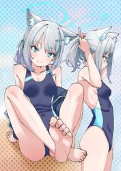  animal_ears barefoot blue_archive blue_eyes blush breasts commentary_request competition_swimsuit cross extra_ears feet female hair_ornament halo highres hizikit inverted_cross looking_at_viewer mismatched_pupils multiple_views official_alternate_costume one-piece_swimsuit ponytail shiroko_(blue_archive) shiroko_(swimsuit)_(blue_archive) small_breasts swimsuit toenails tying_hair wolf_ears 