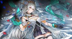  absurdres arknights bare_shoulders black_gloves breasts cleavage cowboy_shot dress female genera-x gloves hand_up headdress highres long_hair medium_breasts off-shoulder_dress off_shoulder official_alternate_costume red_eyes short_dress short_sleeves skadi_(arknights) skadi_the_corrupting_heart_(arknights) skadi_the_corrupting_heart_(sublimation)_(arknights) solo thighs very_long_hair water white_dress white_hair 