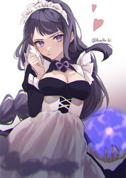  absurdres alternate_costume apron braid breasts cleavage cleavage_cutout closed_mouth clothing_cutout commentary_request cowboy_shot enmaided female fruct0se_fa genshin_impact gradient_background grey_background hand_up heart highres long_hair long_sleeves looking_at_viewer magic maid maid_apron maid_headdress purple_eyes purple_hair raiden_shogun single_braid solo sweatdrop twitter_username very_long_hair white_apron white_background 