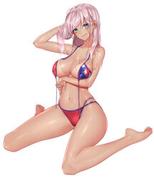  absurdres american_flag american_flag_bikini american_flag_print arm_under_breasts bikini bikini_tan blue_eyes breast_hold breasts chinese_commentary collarbone commentary_request fate/grand_order fate_(series) female flag_print front-tie_bikini_top front-tie_top full_body hair_down highres kai_(pixiv12466647) long_hair looking_at_viewer medium_breasts miyamoto_musashi_(fate) miyamoto_musashi_(swimsuit_berserker)_(fate) miyamoto_musashi_(swimsuit_berserker)_(second_ascension)_(fate) navel photoshop_(medium) pink_hair print_bikini simple_background sitting solo swimsuit tan tanlines untied_bikini wariza white_background 