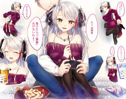  1boy :d :o alcohol azur_lane bare_shoulders beer black_pantyhose black_ribbon blush closed_eyes collarbone commander_(azur_lane) controller cup dress female food game_controller hair_ribbon holding holding_controller holding_cup holding_game_controller long_hair looking_at_viewer multicolored_hair multiple_views off-shoulder_dress off_shoulder open_mouth orange_eyes pantyhose prinz_eugen_(azur_lane) purple_dress red_hair removing_shoes ribbon satsuki_meguru sitting sitting_on_lap sitting_on_person smile speech_bubble streaked_hair translation_request two_side_up white_hair 