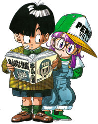  1boy :o absurdres alternate_costume bandaid bandaid_on_cheek bandaid_on_face baseball_cap black_eyes black_hair book bow bowl_cut bowtie brown-framed_eyewear brown_footwear clothes_writing commentary creator_connection crossover dr._slump dragon_ball dragon_ball_z dress_shirt eyelashes female fingernails full_body glasses green_bow green_bowtie green_footwear green_legwear hat highres holding holding_book jacket leaning leaning_to_the_side loafers lolicon long_sleeves looking_at_another looking_to_the_side norimaki_arale official_art open_book overalls plaid plaid_jacket purple_eyes purple_hair shirt shoes shorts simple_background socks son_gohan standing straight_hair toriyama_akira toriyama_akira_(character) white_background white_shirt wide-eyed yellow_jacket 