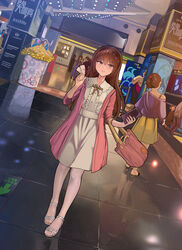  2boys 3girls absurdres bag blush brown_eyes brown_hair center_frills chinese_commentary chinese_text commentary_request crossed_arms dress dutch_angle feet frills green_skirt hairband hallway hand_up high_heels highres holding holding_phone indoors jacket lolicon long_hair multiple_boys multiple_girls off_shoulder original pants pantyhose partial_commentary people phone pink_bag pink_jacket pink_ribbon ribbon see-through see-through_legwear shirt shoes shorts single_bare_shoulder skirt smile supermarket ticket tile_floor tiles translated white_dress white_legwear white_pantyhose yewang19 yu_xuan_(yewang19) 