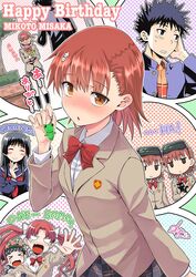  1boy 6+girls a_certain_high_school_uniform blazer bow bowtie brown_eyes brown_hair brown_jacket clone commentary_request emblem feline gakuran gekota happy_birthday head-mounted_display highres jacket jitome kamijou_touma medium_hair misaka_imouto misaka_imouto_10032 misaka_imouto_10032&#039;s_cat misaka_mikoto multiple_girls multiple_views okara plaid plaid_skirt pleated_skirt red_bow red_bowtie sakugawa_school_uniform saten_ruiko school_emblem school_uniform serafuku shirai_kuroko short_hair siblings sisters skirt solo_focus toaru_kagaku_no_railgun toaru_majutsu_no_index tokiwadai_school_uniform uiharu_kazari upper_body winter_uniform 