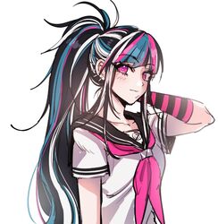  alternate_hairstyle arm_at_side asymmetrical_legwear black_hair black_sailor_collar blue_hair commentary_request danganronpa_(series) danganronpa_2:_goodbye_despair ear_piercing female gloves gwanlamcha hand_in_own_hair korean_commentary long_hair looking_at_viewer mioda_ibuki mismatched_legwear multicolored_hair neckerchief piercing pink_eyes pink_hair pink_neckerchief ponytail sailor_collar school_uniform serafuku short_sleeves simple_background solo upper_body very_long_hair white_background white_hair 