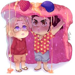  2boys :o artist_name axis_powers_hetalia canada_(hetalia) chibi cuba_(hetalia) dark-skinned_male dark_skin dreadlocks facial_hair flip-flops food glasses hood hoodie leg_hair lifting looking_up male_focus marizayo multiple_boys open_mouth oversized_food oversized_object pancake plump red_hoodie sandals syrup thick_eyebrows 