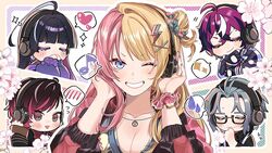  2girls 3boys ahoge black_hair blonde_hair blush breasts cleavage closed_eyes colored_eyelashes commentary doppio_dropscythe gradient_hair grin hair_bun hair_ornament headphones heart hex_haywire highres jewelry kaburagi_(pnoir087) kotoka_torahime long_hair meloco_kyoran multicolored_hair multiple_boys multiple_girls musical_note necklace nijisanji nijisanji_en one_eye_closed parted_bangs pink_hair purple_eyes purple_hair scrunchie single_side_bun smile split-color_hair streaked_hair symbol-only_commentary ver_vermillion virtual_youtuber white_hair wrist_scrunchie x_hair_ornament 