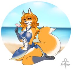  alpha_channel anthro beach big_breasts breasts canid canine clothing female flower fluffy fluffy_tail fox hair jackalope_(artist) long_hair mammal navel plant red_hair seaside solo swimwear tail water 