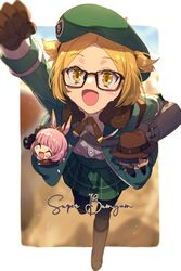  :d beret black_mittens blonde_hair blush breasts brown_pantyhose character_name collared_shirt cursive dress_shirt echo_(circa) fate/grand_order fate_(series) female fur_collar glasses green_hat green_jacket green_skirt hat jacket long_sleeves looking_at_viewer mittens open_clothes open_jacket open_mouth pantyhose parted_bangs paul_bunyan_(fate) plaid plaid_skirt pleated_skirt riyo_servant_(babydoll)_(fate) riyo_servant_(bunnygirl)_(fate) shirt short_hair skirt small_breasts smile solo stuffed_toy super_bunyan_(fate) super_bunyan_(third_ascension)_(fate) two_side_up white_shirt yellow_eyes 