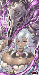  absurdres artist_name breasts brooch chikoinochi cleavage clenched_teeth dark-skinned_female dark_skin demon_girl demon_horns detached_sleeves dragon draph eyelashes fediel_(granblue_fantasy) female gem gold_trim granblue_fantasy hair_between_eyes hair_ornament highres horns jewelry large_breasts long_hair open_mouth pink_eyes skeleton smile solo teeth upper_body v-shaped_eyebrows white_hair 