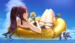  absurdres afloat black_one-piece_swimsuit blue_eyes blue_sky breasts cleavage cloud cocktail commentary_request cup day dinergate_(girls&#039;_frontline) drinking female from_behind full_body girls&#039;_frontline hair_ribbon highres holding holding_cup innertube isaka_wasabi knees_up long_hair looking_at_viewer looking_back lying medium_breasts non-humanoid_robot ocean official_alternate_costume on_back one-piece_swimsuit outdoors ponytail purple_hair purple_ribbon red_eyes ribbon robot sangvis_ferri sky snorkel solo swim_ring swimsuit thigh_strap very_long_hair wa2000_(girls&#039;_frontline) wa2000_(op._manta_ray)_(girls&#039;_frontline) water 