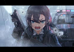  angry black_gloves black_hair black_jacket blue_bow blue_bowtie blue_eyes bow bowtie bullet_hole car collared_shirt commentary determined dreadtie dress_shirt female flashlight frown gloves gun hair_between_eyes handgun highres jacket kurumazaki_yuu letterboxed looking_at_viewer medium_hair motor_vehicle open_clothes open_jacket open_mouth original police police_car police_uniform policewoman riot_police riot_shield shield shirt sig_p220/p226 sig_sauer solo uniform v-shaped_eyebrows weapon wet white_shirt 