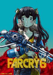  absurdres asano_inio black_hair blue_background brown_eyes copyright_name crossover dead_dead_demons_de_dedede_destruction dirty dirty_clothes dirty_face dirty_hands english_text far_cry far_cry_6 female gradient_background hair_ornament highres long_hair looking_at_viewer nakagawa_ouran official_art solo source_request standing twintails weapon 