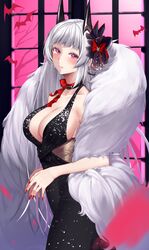  azur_lane bare_shoulders bat_(animal) black_choker black_dress blunt_bangs bow breasts choker cleavage closed_mouth collarbone cowboy_shot crying crying_with_eyes_open dress female fur_shawl grey_hair hairbow highres horns large_breasts long_hair looking_at_viewer nail_polish neck_ribbon official_alternate_costume own_hands_together petals pink_eyes red_bow red_nails red_ribbon ribbon shawl sleeveless sleeveless_dress solo tears very_long_hair window yorck_(azur_lane) yorck_(breaker_under_the_blood_moon)_(azur_lane) yorugami_rei 