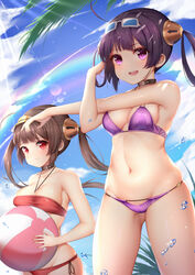  2girls :d absurdres ahoge ass_visible_through_thighs azur_lane ball bare_arms bare_shoulders beachball bikini blue_sky blush breasts brown_hair choker cleavage closed_mouth cloud cloudy_sky collarbone commentary_request cross-body_stretch day eyewear_on_head fingernails floating_hair groin hairpods halterneck highres holding holding_ball large_breasts light_rays long_hair looking_at_viewer medium_breasts multiple_girls nail_polish navel ning_hai_(azur_lane) ning_hai_(summer_hunger)_(azur_lane) oerba_yun_fang official_alternate_costume open_mouth outdoors palm_leaf photoshop_(medium) ping_hai_(azur_lane) ping_hai_(summer_vacation)_(azur_lane) purple_bikini purple_eyes purple_hair rainbow red_bikini red_eyes red_nails side-tie_bikini_bottom sidelocks skindentation sky smile standing stomach stretching sunbeam sunglasses sunlight swimsuit taitai thighs twintails water water_drop white-framed_eyewear 