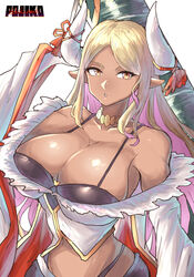  artist_name blonde_hair blush breasts chikoinochi cleavage colored_inner_hair dark-skinned_female dark_skin draph female gloves granblue_fantasy highres horn_ornament horn_ribbon horns kumbhira_(granblue_fantasy) large_breasts long_hair looking_at_viewer multicolored_hair off_shoulder parted_bangs parted_lips pink_hair pointy_ears ribbon shorts simple_background sitting smile solo two-tone_hair white_background white_gloves wide_sleeves yellow_eyes 