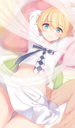  ahoge arms_behind_head arms_up ass_visible_through_thighs blonde_hair blue_eyes blue_ribbon blush capelet capelet_removed collared_shirt crop_top curtains esia_mariveninne_(komone_ushio) female flat_chest frown furrowed_brow green_capelet highres jacket komone_ushio looking_at_viewer lying midriff miniskirt navel on_back original paid_reward_available pillow pink_jacket pleated_skirt ribbon school_uniform shirt short_hair skirt solo thighs uniform unworn_jacket white_shirt white_skirt 