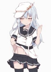  animated animated black_skirt black_thighhighs blue_eyes blush commentary fake_transparency flat_cap grey_background grey_hair groin hat hibiki_(kancolle) kantai_collection lolikaku long_hair navel sailor_collar school_uniform serafuku short_sleeves skirt thighhighs verniy_(kancolle) white_headwear 