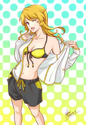  ;d bikini bikini_shorts bikini_top_only black_ribbon black_shorts blonde_hair breasts cleavage clothes_down collarbone dated female floating_hair front-tie_bikini_top front-tie_top jacket long_hair long_sleeves looking_at_viewer medium_breasts midriff mori_yuki navel one_eye_closed open_clothes open_jacket open_mouth purple_eyes ribbon shorts signature smile solo standing stomach swimsuit uchuu_senkan_yamato white_jacket yellow_bikini yellow_ribbon yokon2199 