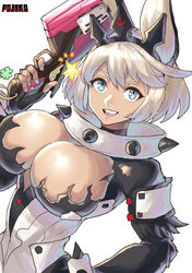  ahoge animal_ears artist_name blue_eyes bracelet breasts chikoinochi cleavage cleavage_cutout clothing_cutout clover collar elphelt_valentine fake_animal_ears female four-leaf_clover grey_hair guilty_gear guilty_gear_xrd gun hand_on_own_hip handgun highres holding holding_gun holding_weapon huge_ahoge jewelry large_breasts looking_at_viewer open_mouth rabbit_ears short_hair solo spiked_bracelet spiked_collar spikes star_(symbol) teeth weapon 