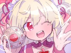  ;d ayano_rika blonde_hair choker commentary_request compact_(cosmetics) eyes_visible_through_hair female gem hair_between_eyes hands_up head_tilt heart holding_compact magia_record:_mahou_shoujo_madoka_magica_gaiden magical_girl mahou_shoujo_madoka_magica one_eye_closed partial_commentary paru_rari portrait red_choker red_eyes red_gemstone red_sleeves sailor_collar sidelocks smile solo soul_gem two-tone_sleeves two_side_up white_sleeves 