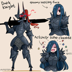  :d ^_^ armor blue_hair brown_background closed_eyes commentary english_commentary english_text fantasy female flower full_armor glowing glowing_eye greatsword hair_over_one_eye head_tilt heart highres holding holding_sword holding_weapon horns knight long_hair multiple_views murgoten one_eye_covered open_mouth original plate_armor red_eyes shaded_face shoulder_spikes smile spikes sword weapon 