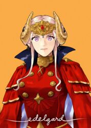  ascot blonde_hair blue_eyes cape commentary_request edelgard_von_hresvelg female fire_emblem fire_emblem:_three_houses hair_ornament hair_ribbon horns jewelry jors red_cape ribbon simple_background solo 