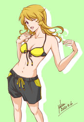  ;d bikini bikini_shorts bikini_top_only black_ribbon black_shorts blonde_hair breasts cleavage collarbone dated female floating_hair green_background hair_between_eyes long_hair looking_at_viewer medium_breasts mori_yuki navel one_eye_closed open_mouth purple_eyes ribbon shorts signature simple_background smile solo standing swept_bangs swimsuit uchuu_senkan_yamato yellow_bikini yellow_ribbon yokon2199 