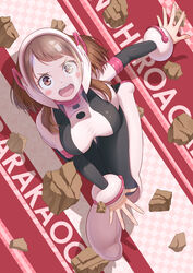  anarchojs blush blush_stickers bodysuit boku_no_hero_academia boots breasts brown_eyes brown_hair character_name commentary female from_above helmet high_heel_boots high_heels highres large_breasts looking_at_viewer open_mouth rock short_hair sidelocks smile solo superhero_costume teeth upper_teeth_only uraraka_ochako 