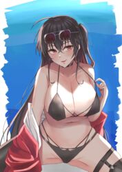  azur_lane bikini black_bikini black_choker black_hair blue_background blush breasts choker cleavage collarbone eyewear_on_head female head_tilt highres huge_breasts jacket lipstick long_hair looking_at_viewer makeup multi-strapped_bikini_bottom multi-strapped_bikini_top off_shoulder official_alternate_costume race_queen red_eyes red_jacket red_lips smile smodzz998 solo sunglasses swimsuit taihou_(azur_lane) taihou_(enraptured_companion)_(azur_lane) thigh_strap very_long_hair 