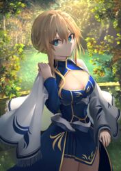  ahoge armor artoria_pendragon_(fate) artoria_pendragon_(lancer)_(fate) blonde_hair blue_dress braid braided_bun breasts cleavage cleavage_cutout cloak closed_mouth clothing_cutout dress fate/grand_order fate_(series) female forest green_eyes hair_between_eyes hair_bun highres kaze_minoru_so-ru large_breasts leaf long_hair long_sleeves looking_at_viewer nature sidelocks single_hair_bun sleeveless sleeveless_turtleneck solo sunlight tree turtleneck 