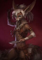  2021 anthro belt big_ears blue_eyes brown_body brown_fur canid canine clothed clothing female fennec_fox fingers fox fur hair hi_res holding_object holding_weapon inner_ear_fluff light lighting mammal melody_(aseethe) midriff portrait red_background saterina shaded simple_background skimpy solo three-quarter_portrait true_fox tuft weapon white_hair 