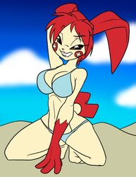  2016 4_fingers anthro ava_(luircin) beach big_breasts bikini breasts brown_eyes clothing cloud crouching female fingers generation_3_pokemon hair mammal muniversalarts nintendo plusle pokemon pokemon_(species) pokemorph pose red_hair rodent sand seaside sky solo swimwear teeth 