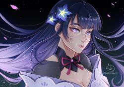  artist_name black_background blunt_bangs braid breasts bridal_gauntlets cherry_blossoms cleavage clothing_cutout english_commentary female floating_hair flower genshin_impact gradient_hair hair_floating_upwards hair_flower hair_ornament head_tilt highres huge_breasts japanese_clothes kimono long_braid looking_at_viewer looking_to_the_side mole mole_under_eye multicolored_hair neck_ribbon off_shoulder parted_bangs parted_lips petals pink_lips purple_eyes purple_flower purple_hair purple_kimono raiden_shogun red_ribbon ribbon rose_petals shoulder_cutout single_braid solo twitter_username upper_body wilkinleeart 