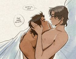  2boys arms_around_back brown_hair collarbone commentary cuddling english_commentary english_text glasses hal_emmerich hand_on_another's_head highres looking_at_another male_focus mastectomy_scar messy_hair metal_gear_(series) metal_gear_solid morning multiple_boys paper_texture scar scar_on_chest solid_snake spacefroogy speech_bubble topless_male under_covers yaoi 