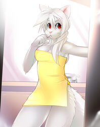 anthro big_breasts biped breasts brush brushing brushing_teeth digital_media_(artwork) domestic_cat felid feline felis female fur mammal nikki_blackcat red_eyes shaded solo standing tail toothbrush towel towel_only tsampikos white_body white_fur