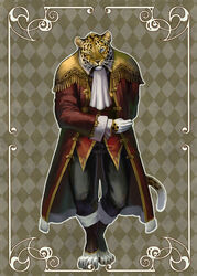 4_toes 5_fingers afd-yred anthro art_nouveau biped black_body black_fur blue_eyes bottomwear bowing checkered checkered_background classy claws clothed clothing detailed dipstick_tail ear_piercing feet felid fingers front_view fully_clothed fur fur_coat kouta leopard male mammal markings multicolored_tail one_eye_closed outline overcoat pantherine pants pattern_background piercing simple_background solo standing tail tail_markings toes whiskers white_body white_fur white_tail_tip wink