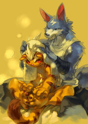 anthro blush canid canine canis closed_eyes drying drying_hair duo felid hair hi_res jeacn male mammal markings on_lap sitting sitting_on_lap tail towel wolf