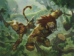 ajani_goldmane angry armor axe catfolk detailed_background duo_focus fangs felid female forest group hair hasbro leonin magic:_the_gathering male mammal melee_weapon nacatl nature official_art outside pantherine planeswalker plant red_hair roaring steve_prescott tail teeth tiger tree tribal trio weapon wizards_of_the_coast wood