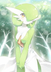 blush breasts cleavage clothed clothing detailed_background female forest fuchsia_(artist) gardevoir generation_3_pokemon green_hair hair hair_over_eye mammal nintendo not_furry one_eye_obstructed outside plant pokemon pokemon_(species) pose restricted_palette smile solo tree