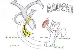 american_football ball bittersweet_candy_bowl charlie_brown ciffy domestic_cat duo felid feline felis female gridiron_ball holding_ball holding_object lucy_(bcb) lucy_van_pelt male mammal mike_(bcb) parody peanuts_(comic) same_name sport tail