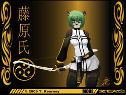 anthro badger black_border border bow_(weapon) digital_media_(artwork) female green_hair hair hi_res holding_object holding_weapon mammal mustelid musteline nanase ranged_weapon solo t.kearney theblackrook wallpaper weapon