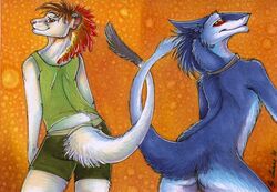 alien anthro ass blue_body blue_fur butt_pose collar duo feathers female fur looking_at_viewer male mammal markus_(dowantanaccount) mustelid musteline pose sergal silvex stoat suane_(suane_lightfurr) suane_lightfurr tail true_musteline weasel