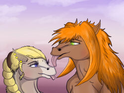 4:3 anthro blonde_hair cloud digital_media_(artwork) duo equid equine female gingie green_eyes hair horse mammal mirroid mirroidal nude outside purple_eyes red_hair simple_background sky sunset tongue