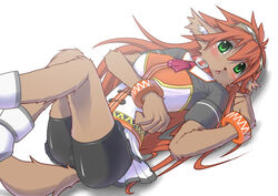 anthro biped blush bottomwear bracelet canid canine class_of_heroes clothing dwarf_(coh) female green_eyes hair jewelry looking_at_viewer lying mammal noah_(artist) on_back orange_hair shorts simple_background solo tail white_background